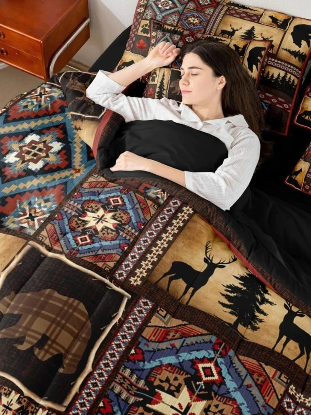 7 Piece Rustic Cabin Plaid Comforter Set Queen,Rustic Farmhouse Aztec Bedding Se